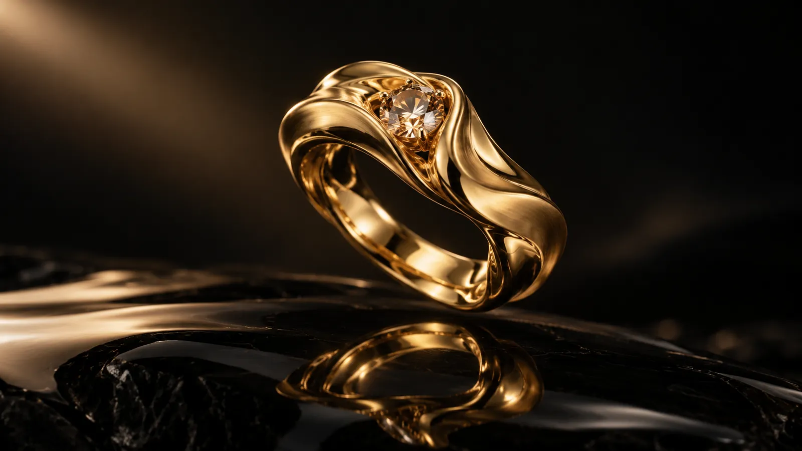 Ring No. 01, a folded gold band, on black