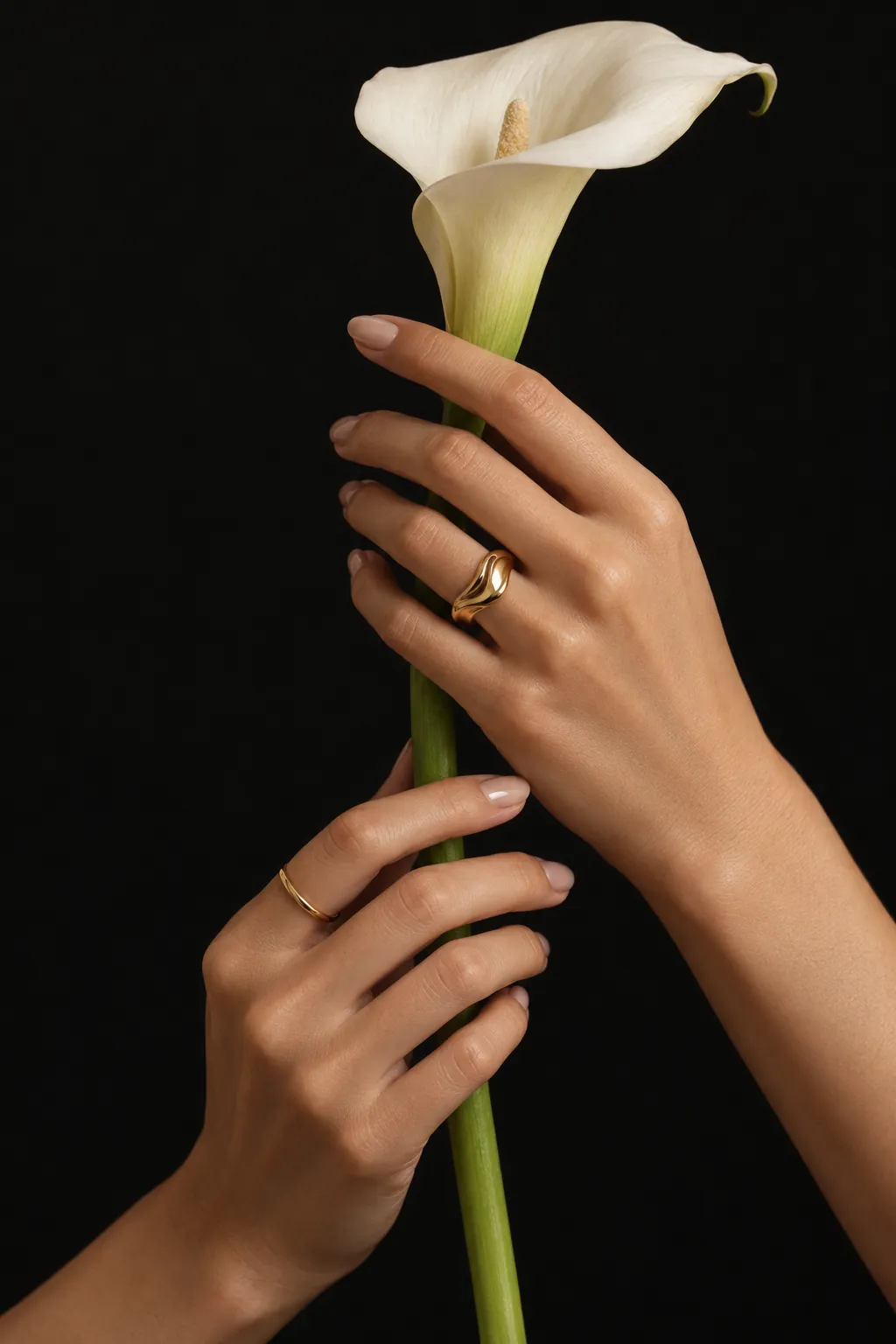 Hands holding a calla lily, wearing two gold rings