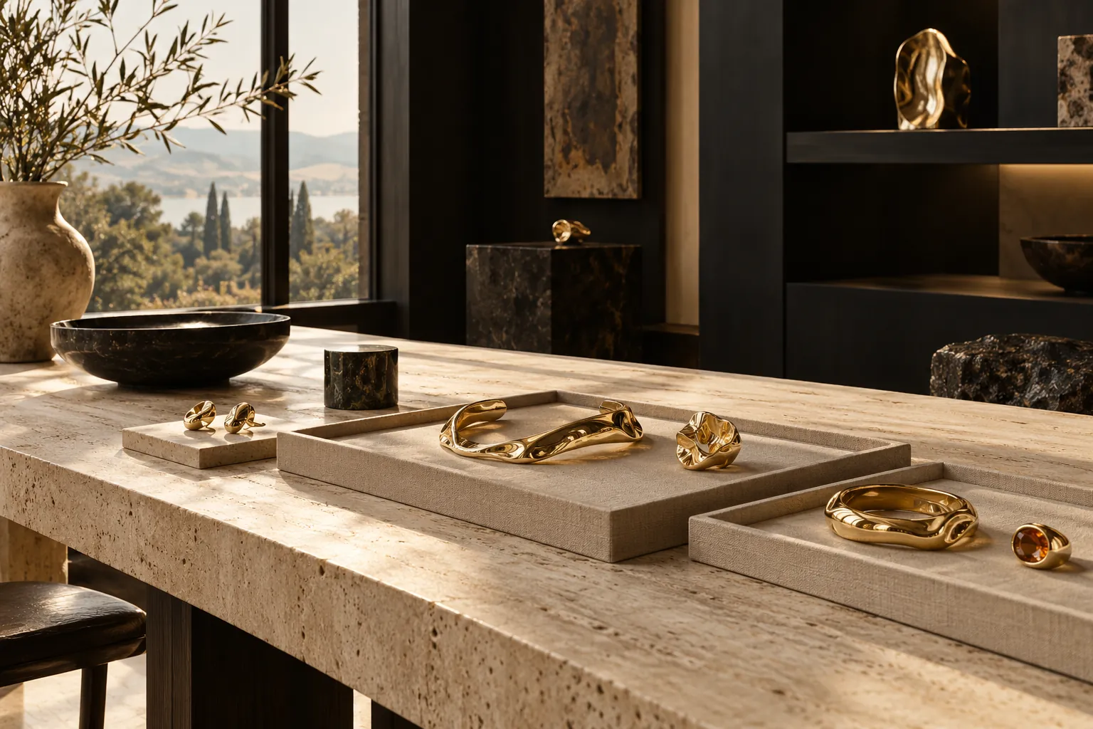 Wax and gold models on the atelier bench